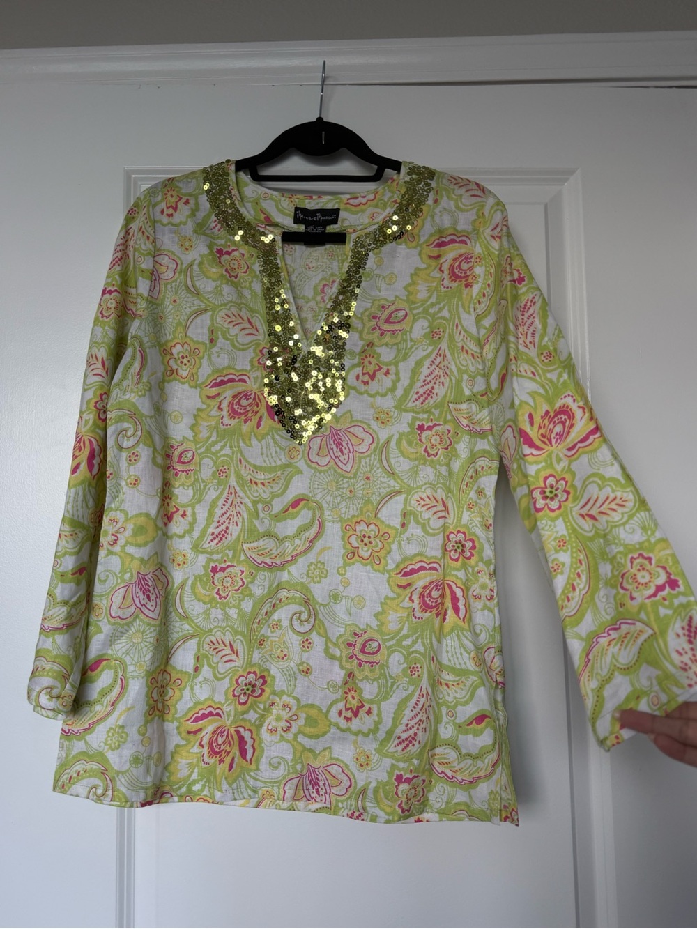 Mercer & Madison 100% Linen Sequin Neck Tunic Top Floral Paisley Green Pink M